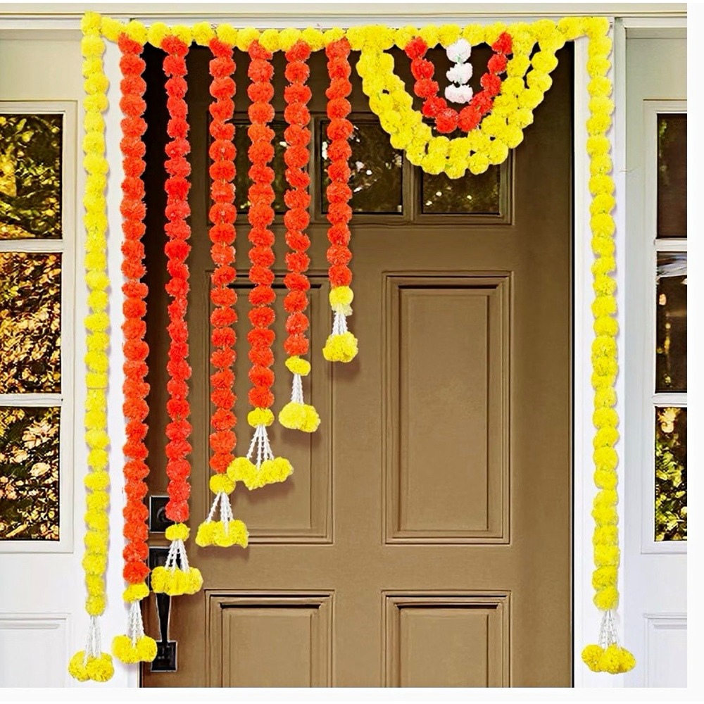 Artificial Marigold Garland Door Hanging Yellow Orange White Floral 37 x 55 in
